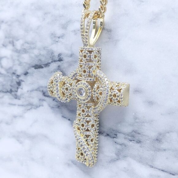 18"Cuban Chain + 14K Gold Finish Serpent Cross - Picture 11 of 12